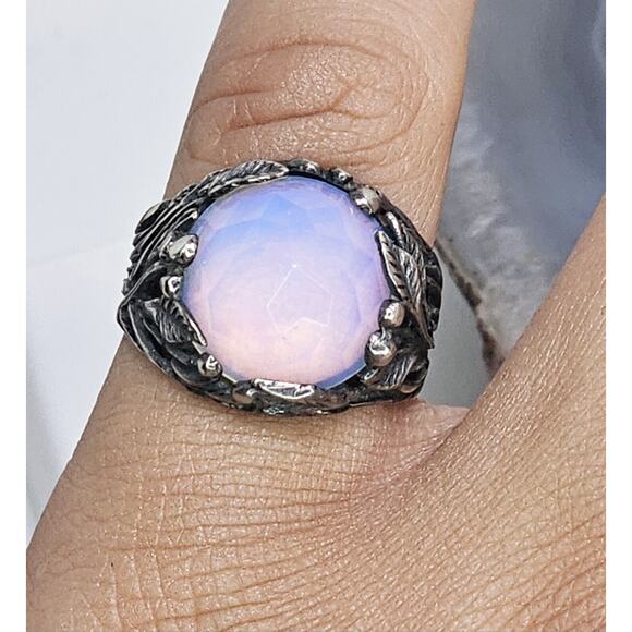 925 Sterling Silver Round Iridescent Stone & Leaf Design Ring SZ 8 - Picture 8 of 11